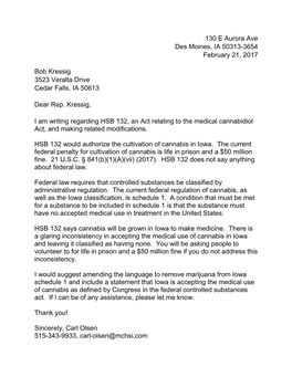 130 E Aurora Ave Des Moines, IA 50313-3654 February 21, 2017 Bob Kressig 3523 Veralta Drive Cedar Falls, IA 50613 Dear Rep. Kres