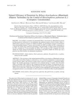 Natural Efficiency of Parasitism by Billaea Rhynchophorae (Blanchard) (Diptera: Tachinidae) for the Control of Rhynchophorus Palmarum (L.) (Coleoptera: Curculionidae)