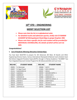 10Th STD – ENGINEERING MERIT SELECTION LIST  Please Note That the List Is in Alphabetical Order