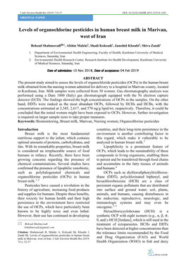 Levels of Organochlorine Pesticides in Human Breast Milk in Marivan, West of Iran