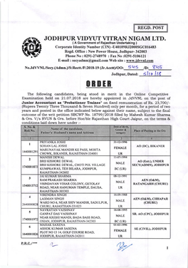 JODHPURVIDYUT VITRAN NIGAM LTD. ( a Government of Rajasthan Undertaking ) Corporate Identity Number (CIN) -U40109RJ2000SGC016483 Regd