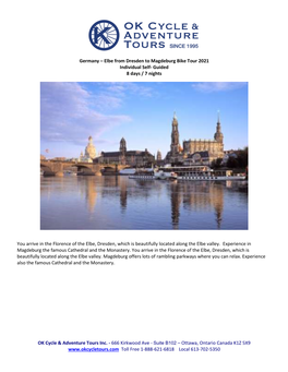 Germany – Elbe from Dresden to Magdeburg Bike Tour 2021 Individual Self- Guided 8 Days / 7 Nights