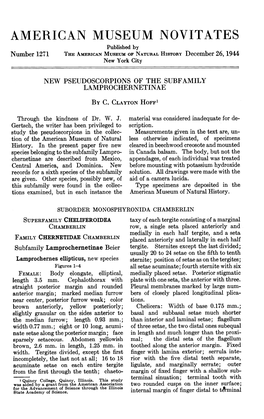 AMERICAN MUSEUM NOVITATES Published by Number 1271 the AMERICAN MUSEUM of NATURAL HISTORY December 26, 1944 New York City