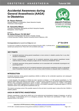 Accidental Awareness During General Anaesthesia (AAGA) in Obstetrics