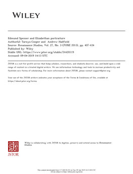 Edmund Spenser and Elizabethan Portraiture Author(S): Tarnya Cooper and Andrew Hadfield Source: Renaissance Studies, Vol