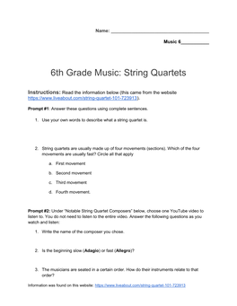 6Th Grade Music: String Quartets