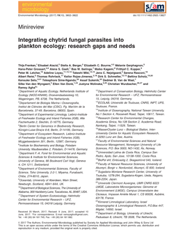 Integrating Chytrid Fungal Parasites Into Plankton Ecology: Research Gaps and Needs