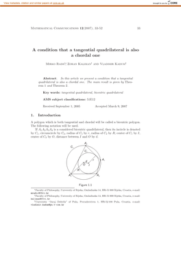 A Condition That a Tangential Quadrilateral Is Also Achordalone