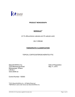 PRODUCT MONOGRAPH NERISALIC® (0.1% Diflucortolone Valerate and 3% Salicylic Acid) OILY CREAM THERAPEUTIC CLASSIFICATION TOPICAL