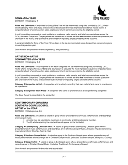 SONG of the YEAR ARTIST/NON-ARTIST SONGWRITER of the YEAR CONTEMPORARY CHRISTIAN SOUTHERN GOSPEL/GOSPEL ARTIST of the YEAR