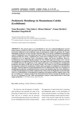 Prehistoric Metallurgy in Mountainous Colchis (Lechkhumi)