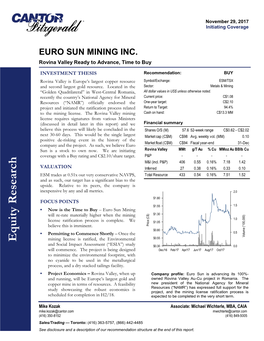 Equity Research EURO SUN MINING INC