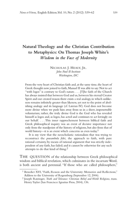 Natural Theology and the Christian Contribution to Metaphysics: on Thomas Joseph White’S Wisdom in the Face of Modernity