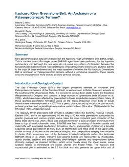Itapicuru River Greenstone Belt: an Archaean Or a Palaeoproterozoic Terrane?