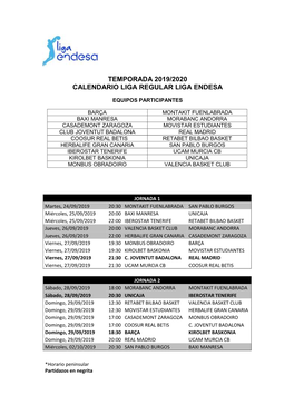 Temporada 2019/2020 Calendario Liga Regular Liga Endesa