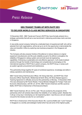 Sbs Transit Teams up with Ratp Dev to Deliver World-Class Metro Services in Singapore