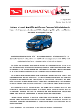 Daihatsu to Launch New SIGRA Multi-Purpose Passenger Vehicle In