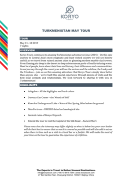 Turkmenistan May Tour