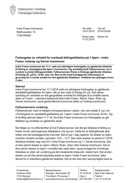 Forlengelse Av Virketid for Iverksatt Fellingstillatelse På 1 Bjørn - Indre Fosen, Inderøy Og Verran Kommuner