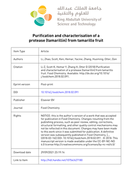 Purification and Characterisation of a Protease (Tamarillin) from Tamarillo Fruit