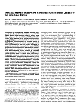 Transient Memory Impairment in Monkeys with Bilateral Lesions of the Entorhinal Cortex