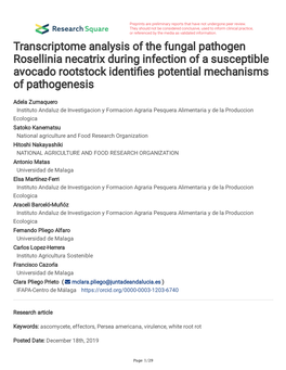 Transcriptome Analysis of the Fungal Pathogen Rosellinia Necatrix During Infection of a Susceptible Avocado Rootstock Identifes Potential Mechanisms of Pathogenesis