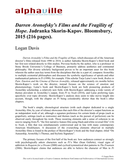 Darren Aronofsky's Films and the Fragility of Hope. Jadranka Skorin-Kapov. Bloomsbury, 2015