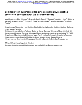 Sphingomyelin Suppresses Hedgehog Signaling by Restricting Cholesterol Accessibility at the Ciliary Membrane