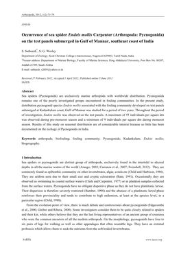 Occurrence of Sea Spider Endeis Mollis Carpenter (Arthropoda: Pycnogonida) on the Test Panels Submerged in Gulf of Mannar, Southeast Coast of India