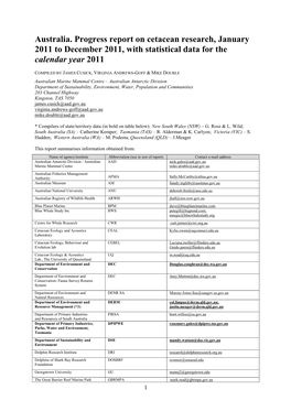 Australia. Progress Report on Cetacean Research, January 2011 to December 2011, with Statistical Data for the Calendar Year 2011