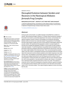 Decoupled Evolution Between Senders and Receivers in the Neotropical Allobates Femoralis Frog Complex