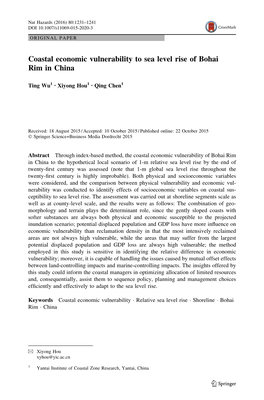 Coastal Economic Vulnerability to Sea Level Rise of Bohai Rim in China