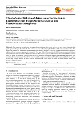 Effect of Essential Oils of Artemisia Arborescens on Escherichia Coli, Staphylococcus Aureus and Pseudomonas Aeruginosa