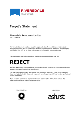 Riversdale Resources Target's Statement, 28 March 2019