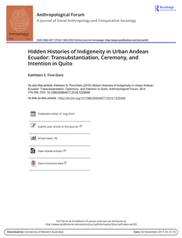 Hidden Histories of Indigeneity in Urban Andean Ecuador: Transubstantiation, Ceremony, and Intention in Quito