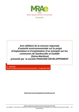 Avis Délibéré De La Mission Régionale D'autorité Environnementale Sur Le