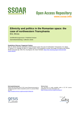 Ethnicity and Politics in the Romanian Space: the Case of Northwestern Transylvania Brie, Mircea