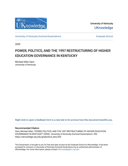 Power, Politics, and the 1997 Restructuring of Higher Education Governance in Kentucky