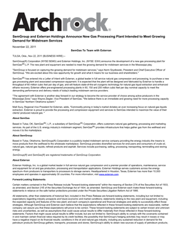 Semgroup and Exterran Holdings Announce New Gas Processing Plant Intended to Meet Growing Demand for Midstream Services
