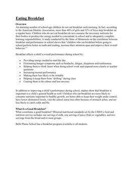 Eating Breakfast Overview an Alarming Number of School Age Children Do Not Eat Breakfast Each Morning