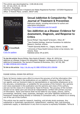 Sex Addiction As a Disease: Evidence for Assessment, Diagnosis, and Response to Critics Bonnie Phillipsa, Raju Hajelab & Donald L