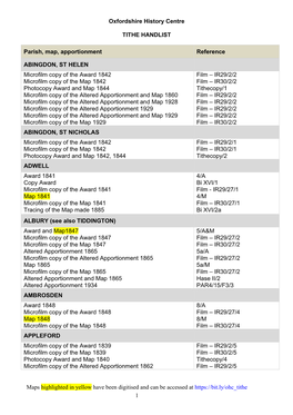 Oxfordshire Tithe Map Handlist