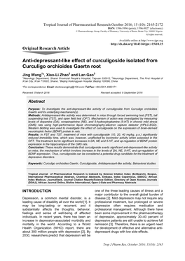 Anti-Depressant-Like Effect of Curculigoside Isolated from Curculigo Orchioides Gaertn Root