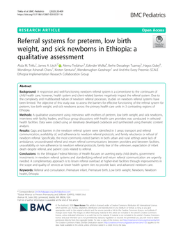 Referral Systems for Preterm, Low Birth Weight, and Sick Newborns in Ethiopia: a Qualitative Assessment Alula M