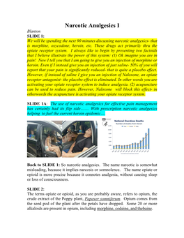 Narcotic Analgesics I Blanton SLIDE 1: We Will Be Spending the Next 90 Minutes Discussing Narcotic Analgesics- That Is Morphine, Oxycodone, Heroin, Etc