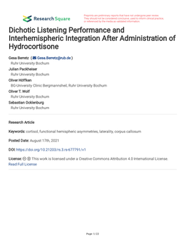 Dichotic Listening Performance and Interhemispheric Integration After Administration of Hydrocortisone