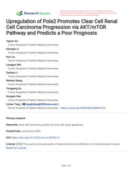 Upregulation of Pole2 Promotes Clear Cell Renal Cell Carcinoma Progression Via AKT/Mtor Pathway and Predicts a Poor Prognosis