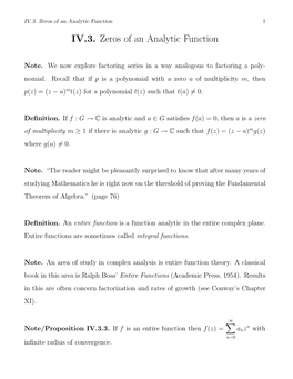 IV.3. Zeros of an Analytic Function 1 IV.3