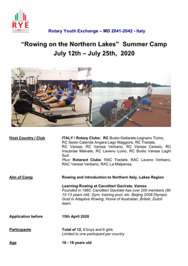 “Rowing on the Northern Lakes” Summer Camp July 12Th – July 25Th, 2020