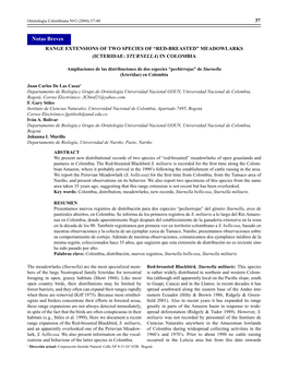 Notas Breves RANGE EXTENSIONS of TWO SPECIES of “RED-BREASTED” MEADOWLARKS (ICTERIDAE: STURNELLA) in COLOMBIA